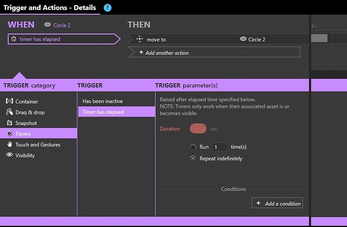 A recurring timer checks the coordinates of the bigger circle